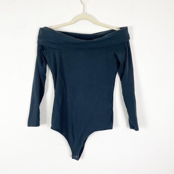 Abercrombie‎ & Fitch Womens M Off-The-Shoulder Long-Sleeve Bodysuit Cotton Black - Picture 1 of 8